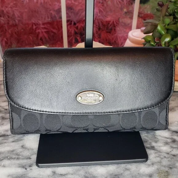 Coach Slim Trifold Wallet - Charcoal Signature Canvas and Black Leather - Picture 1 of 15